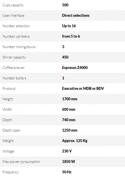 coffee vending machine specifications